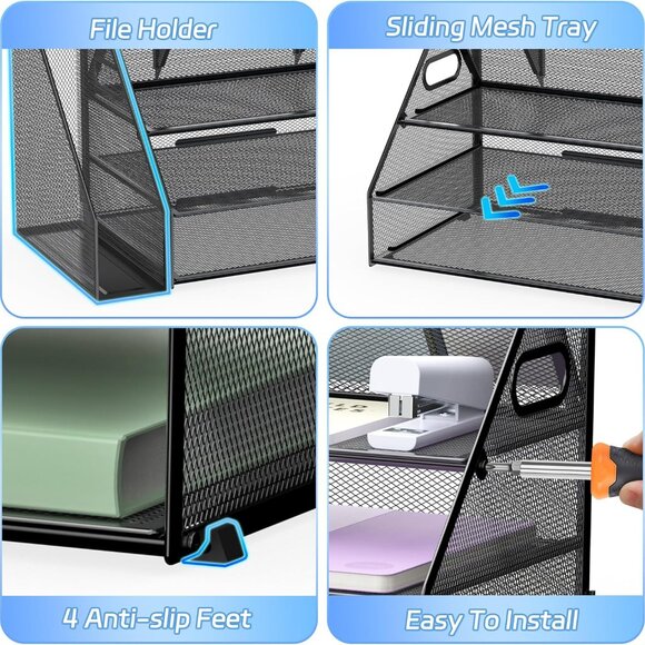 Stylish Black Metal Mesh 3-Tier Paper Organizer - Perfect for Office & Home - Picture 5 of 7